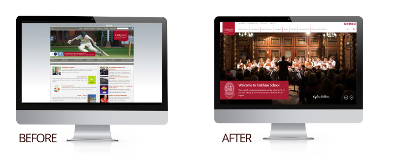 image showing the before and after homepages of the oakham school