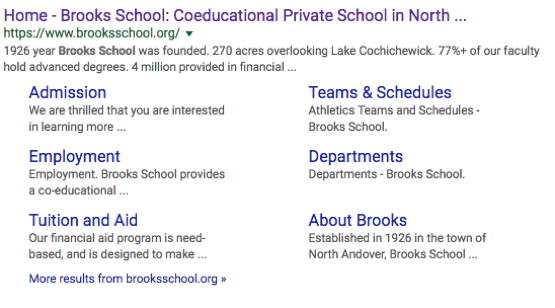 Brooks School Sitelinks on Google